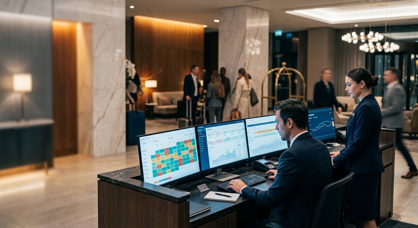 The Hotel Network accommodation platform in use at a hotel reception